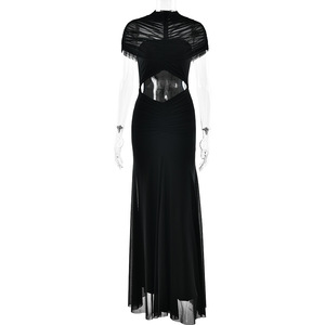 Vestido plisado para mujer, top corto, falda maxi ajustada, cuello alto, cintura natural, corte ajustado, poliéster, ropa informal - Product Image 5