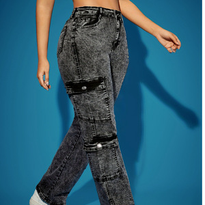 <span class=keywords><strong>Pantalon</strong></span> <span class=keywords><strong>cargo</strong></span> multi-poches pour <span class=keywords><strong>femme</strong></span>, style euro-américain, en denim extensible noir, coupe longue, délavé vintage, fait main, collection 2026 - Product Image 1