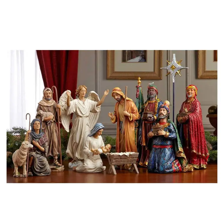 Polyresin/Resin Nativity Scene Set Set 11 Nativity Figurine dengan Emas Asli, frankincense And Myrrh - 10 Inch Skala