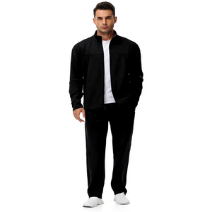 Survêtement noir pour homme, fermeture éclair intégrale, couleur unie, vêtement décontracté, polyester, col montant, poches latérales, coupe classique, vêtement d'automne - Product Image 1
