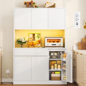 SENYU Modern <b>White</b> Kitchen Pantry Cabinet With LED Lighting Adjustable <b>Shelves</b> Multi-Functional Storage Organizer - Product Image 1