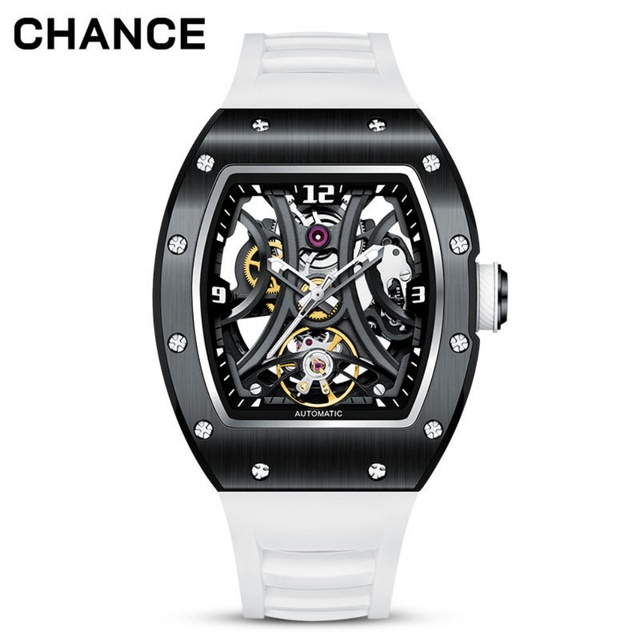 Unique Luxury Fashion Men Automatic Mechanical Hollow Tonneau Stainless Steel Case Silicone Band Water Resistant Self-Wind