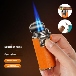 Encendedor de Cigarros de Cuero <span class=keywords><strong>con</strong></span> Doble Llama, Encendedor de <span class=keywords><strong>Butano</strong></span> de Cuero <span class=keywords><strong>con</strong></span> Perforador y Soporte, Encendedores de Antorcha Recargables Personalizados al por Mayor - Product Image 2