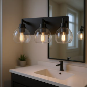 Éclairage de salle de bain moderne à 3 lumières, abat-jour en verre transparent, base en fer noir mat, blanc chaud, incandescent, montage en surface - Product Image 2