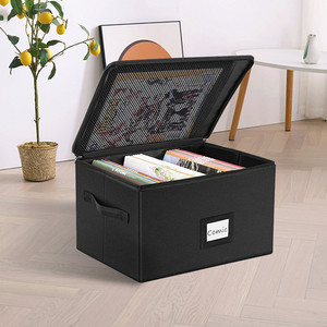 High Quality 600D Stackable Large Black Foldable Comic Book Storage Box With Lids And Handle