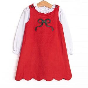 Girls Christmas <strong>Dress</strong> Matching Corduroy Outfits Red Green Festive Holiday Wear Scallop Hem Corduroy Toddler Jumper <strong>Dress</strong> - Product Image 3