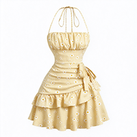 Gaun Mini Wanita Formal Vintage Musim Semi Gugur Motif Kotak-kotak Kuning dengan Pita di Leher, Aksen Kerut di Bagian Atas, Ikat Samping, dan Rok Berlapis Ruffle