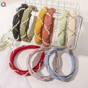 QIYUE Fashion Candy Colors INS Headbands Wite Pearls Chain Trendy Elegant Solid Color Hair Band For Outside