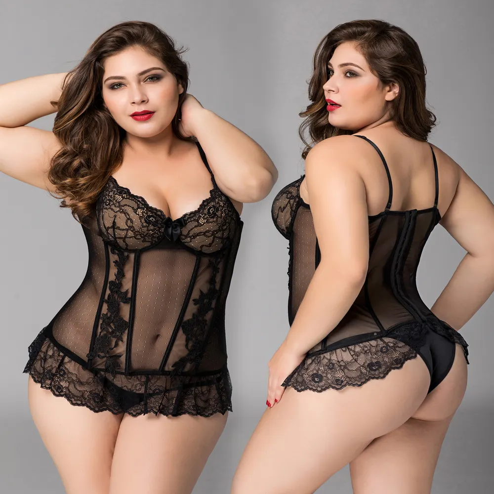 plus size large women hot erotic ladies sexy lace black bustier corset bodysuit sexy lingerie Ropa interior sexy de mujer