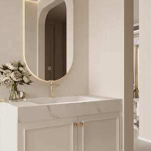 Mueble de Baño Estilo Francés con Encimera de Losa Blanca, Espejo Inteligente Ovalado e Iluminado, Combinación de Gabinetes - Product Image 3