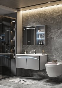 Set Moderno di Mobile <span class=keywords><strong>Bagno</strong></span> Grigio con Specchio Intelligente, Armadietto in Legno Massello Montato <span class=keywords><strong>a</strong></span> Parete con <span class=keywords><strong>Lavabo</strong></span> in Ceramica per Casa e Hotel - Product Image 3