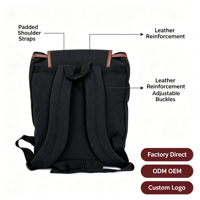 Sac à dos scolaire vintage en toile noire avec fermeture éclair, durable, style rétro, garniture marron, grand format, multi-compartiments