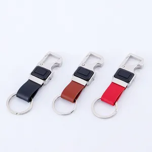 Custom car logo PU leather Multi function LED carabiner bottle opener leather keychain