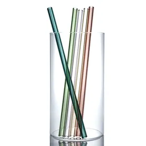 شفاطة شرب زجاجية مستقيمة منحنية واضحة قابلة لإعادة الاستخدام بتصميم زهور ملونة وفرشاة تنظيف