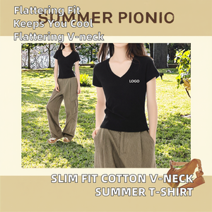 Wholesale Cotton Embroidered Knitted Casual <b>Slim</b> <b>Fit</b> Solid V-neck Short-sleeved Summer Tight Women's T-<b>shirt</b> - Product Image 2