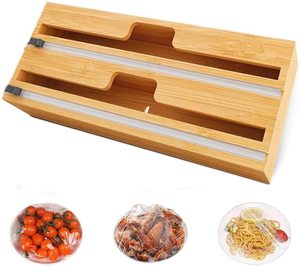 Reusable Bamboo Cling Film Food Packaging Dispenser Box Wooden Tin Foil Dispenser with Sliding Cutter for Kitchen and Restaurant
