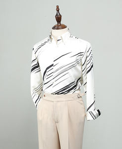 À la mode été formel à manches longues hommes <span class=keywords><strong>chemise</strong></span> noir et blanc imprimé contrasté col carré respirant <span class=keywords><strong>sans</strong></span> <span class=keywords><strong>repassage</strong></span> - Product Image 5
