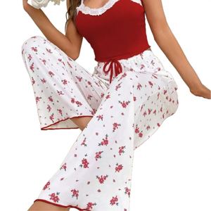 Conjunto de Pijama de Satén Floral con Cintura Elástica para Mujer, Pantalones Largos, Ropa de Dormir Linda de Dos Piezas, Ropa de Casa Moderna, Color Azul, Marca Yanzhui - Product Image 5
