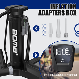 Pompe à pied en acier BOMO, durable, 160 PSI, haute pression, pompe à air pour vélo avec jauge numérique, portable, légère, pour VTT et vélo de route - Product Image 4