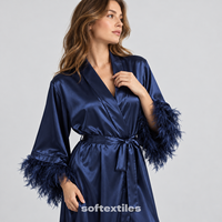 Peignoir de luxe court en satin imitation soie à volants, avec ceinture et poignets à volants, couleur unie, logo personnalisé, robe confortable, usine OEM