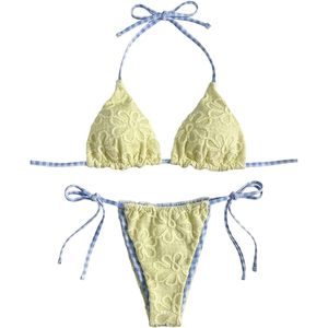 FOXA Women's 2 Piece <b>Bikini</b> <b>Set</b> Floral Halter <b>Triangle</b> Reversible Swimsuit With Striped Tie Side Contrast Binding - Product Image 1