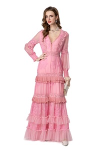 Lusso abito lungo con scollo a V in Tulle ricamato con gonna plissettata a strati <span class=keywords><strong>per</strong></span> abiti <span class=keywords><strong>da</strong></span> sposa formali - Product Image 2