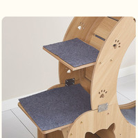 Roue d'exercice pour chat en bois avec maisonnette et marches, tapis roulant multifonctionnel pour chat avec support pour gamelle