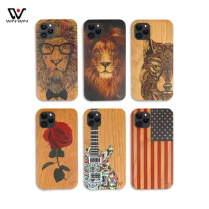 Printed Flowers Mobile Phone Accessories Natural Solid Cherry Wood Phone Case for iPhone 11 12 Pro Max 13