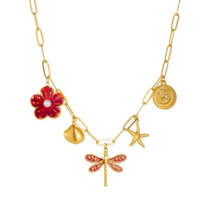 European American <b>Light</b> Luxury Gold Plated Stainless Steel Pendant Necklace With Flower Dragonfly Starfish <b>Shell</b> Charm - Product Image 5