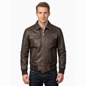 SAAR INDUSTRIES Unisex Brown Genuine <b>Leather</b> Bomber <b>Jacket</b> Classic Vintage Casual Streetwear Winter Fashion Waterproof Windproof - Product Image 1