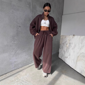 Conjunto de Ropa Deportiva Personalizada para Mujer, Sudadera Holgada con Cierre de Media Cremallera y Pantalones Rectos de Pierna Ancha, Estilo Americano Minimalista - Product Image 3