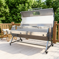 Grand barbecue au charbon de bois en acier inoxydable avec couvercle, fumoir et rôtissoire combinés pour les fêtes de barbecue en plein air