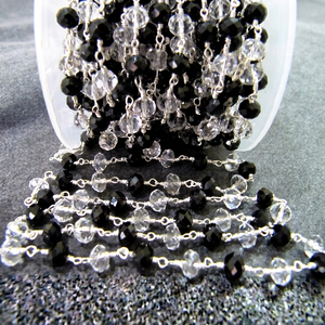 Clear Quartz and Black Spinel Rondelle Faceted 6mm Beaded <b>Wire</b> Wrapped Rosary Chain - Product Image 1