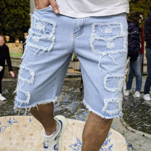 Nouveaux shorts de plage rétro tendance, unis, teints, en denim pour hommes, en tissu de coton respirant, séchage rapide, décontractés, OEM - Product Image 3