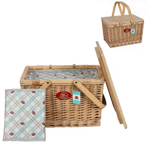 rectangle beach rattan square willow Outdoor Storage Picnic Baskets Wicker Insulated Cooler Basket with cutlery chip 4 person