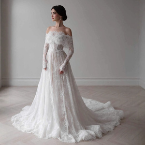 SF2325F <b>Drop</b> Shipping New Hot Selling off Shoulder Fashionable Lace Long Sleeve Trailing Bridal Wedding Dress - Product Image 1