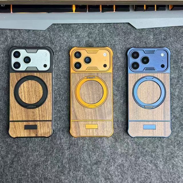 New High-end Luxury Frameless Walnut Aluminum Metal Magnetic Phone case with 360 Bracket Shock-absorbing Cover