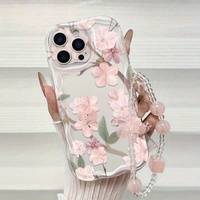 Coque de téléphone portable motif fleurs de cerisier tendance avec chaîne pour iPhone 16 Plus 15 17 18 Pro Max, coque arrière crème