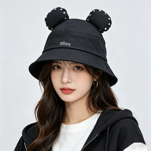 Chapeau Bob avec Oreilles de Souris 3D Mignonnes, Brodé Noir, Chapeau de Soleil Dessin Animé Kawaii, Casquette de Pêcheur Unisexe pour Activités Décontractées en Extérieur - Product Image 1