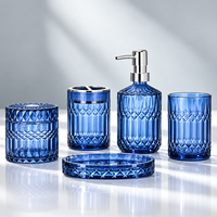 Ensemble de 5 accessoires de salle de bain en verre trempé, finition cristal : distributeur de savon, porte-brosse à dents, gobelet, pot de rangement, pour vanité