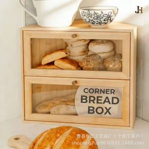 Wooden <b>kitchen</b> corner bread box, triangular double-layer dessert and pastry bread storage box, bamboo and wood food storage box - Product Image 2