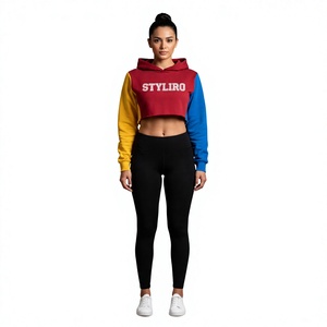 Sudadera con Capucha Corta de Bloques de Color para Mujer, Manga Larga, Tejido de Algodón, Transpirable, Moda Urbana Otoñal - Product Image 1