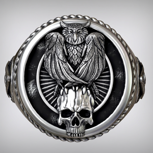 925 Sterling <b>Silver</b> Black Oxidized Owl Skull Gothic <b>Statement</b> <b>Ring</b> - Product Image 1
