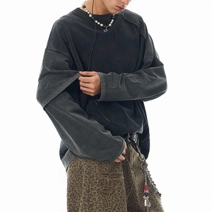 T-shirt Homme Manches Longues Style Urbain Effet Vieilli en Coton Délavé avec Patchwork, Service OEM Personnalisé avec Logo, Vente en Gros de Haute Qualité - Product Image 2