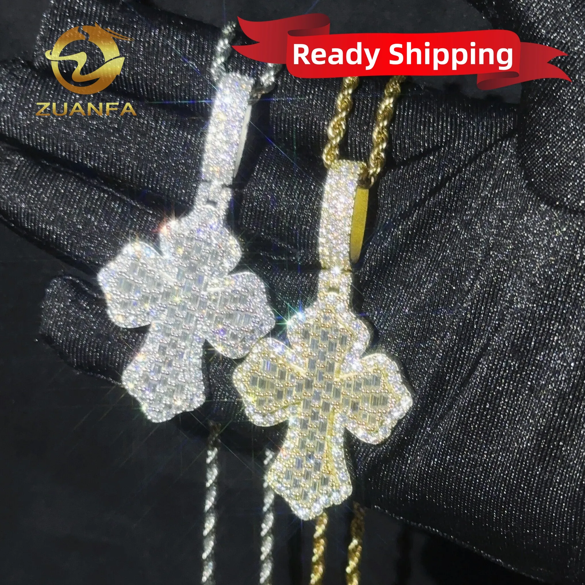 Read Shipping Hip hop Jewelry Cross Pendant Silver 925 Iced Out Baguette cut Moissanite Cross Pendant with Stainless steel chain