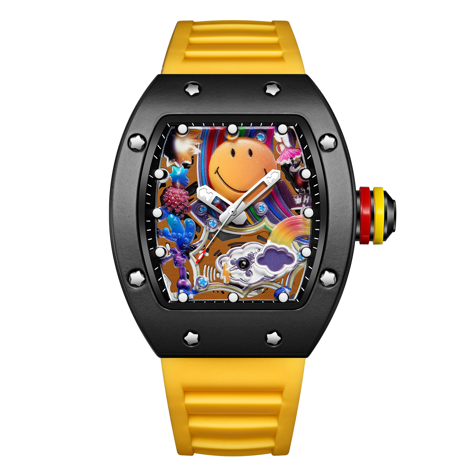 Carcasa negra - Correa amarilla - Hueco en la parte inferior