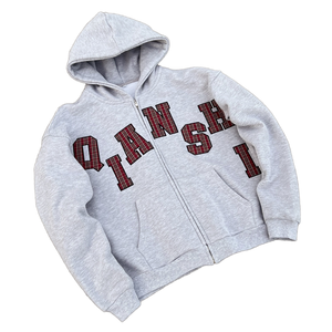 Sweat-shirt à capuche zippé unisexe Qianshi gris, décontracté, à carreaux, imprimé lettres, coupe classique, pour l'automne - Product Image 1