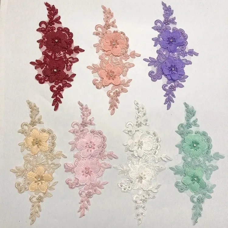 Latest multi colors 3d flower beaded embroidery cord lace applique for dresses