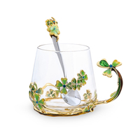 RORO luxe chanceux trèfle à quatre feuilles couleur verte émail décoratif peinture à la main turc verre thé café tasse d'eau avec cuillère
