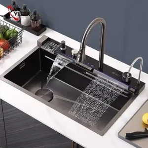 Şelale musluk paslanmaz çelik akıllı mutfak lavabo büyük tek yuvası biyonik petek siyah yıkama mutfak lavabo